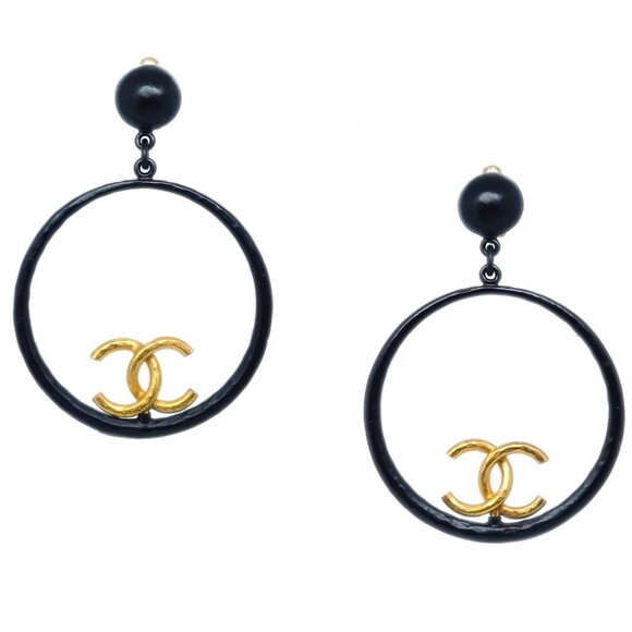 Chanel Hoop Dangle Earrings Clip-On Black 93P - Picture 1 of 4